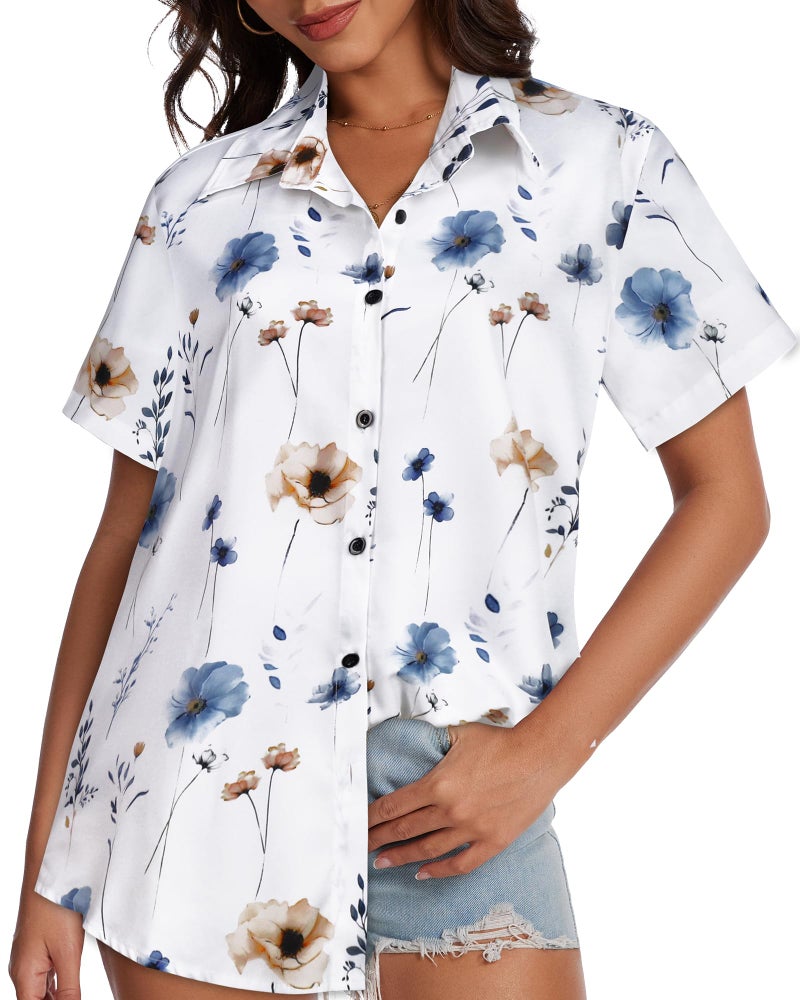 CHICGAL Women Hawaiian Shirt Button Down Summer Tops Beach Cool Short Sleeve V Neck Blouse(White Flower,L) - Image 4
