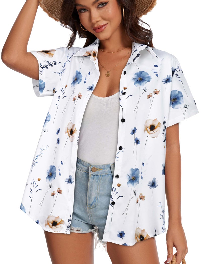CHICGAL Women Hawaiian Shirt Button Down Summer Tops Beach Cool Short Sleeve V Neck Blouse(White Flower,L) - Image 3