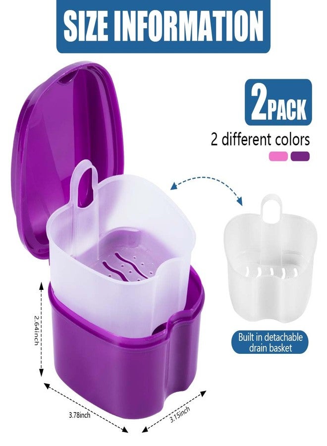 KISEER 2 Pack Colors Denture Bath Case Cup Box Holder Storage Soak Container with Strainer Basket for Travel Cleaning (Pink and Purple - Image 2