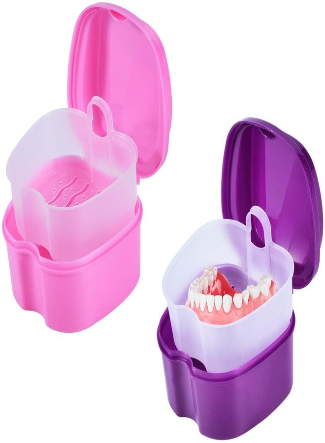 KISEER 2 Pack Colors Denture Bath Case Cup Box Holder Storage Soak Container with Strainer Basket for Travel Cleaning (Pink and Purple - Image 1