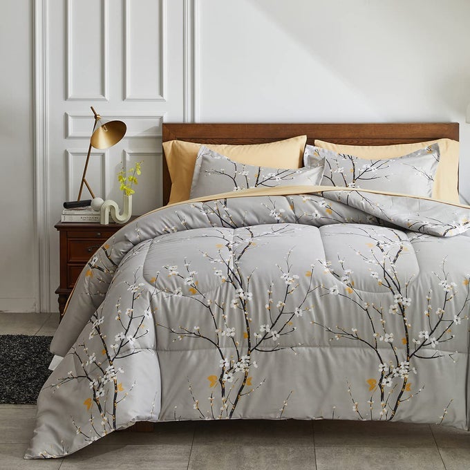 GRAY COMFORTER SHEET SET BED IN A BAG 7 PIECES CAL KING SIZE TREE BRANCH BLOOM FLOWER BEDDING SET 1 CALIFORNIA KING COMFORTER 2 PILLOW SHAMS 1 TAN FLAT SHEET 1 FITTED SHEET 2 PILLOWCASES