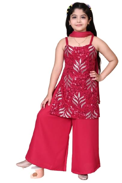 SPAMITUDE - Girls' Ethnic Kurta Pajama Dupatta Set | Sequin Embroidery Work Fashion Sleeves | Festive Outfit (in, Age, 12 Years, 13 Years, Pink) - Image 1