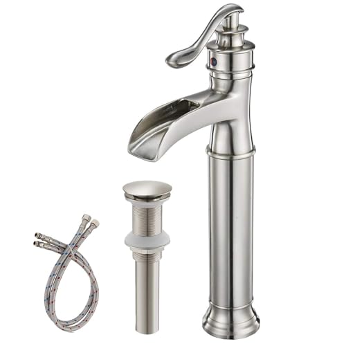 BWE Waterfall Vessel Sink Faucet Brushed Nickel Bathroom Faucet Single Handle Tall Single Hole Bathroom Sink Faucet Commercial Mixer Tap with Pop Up Drain Assembly and Supply Line - Image 1