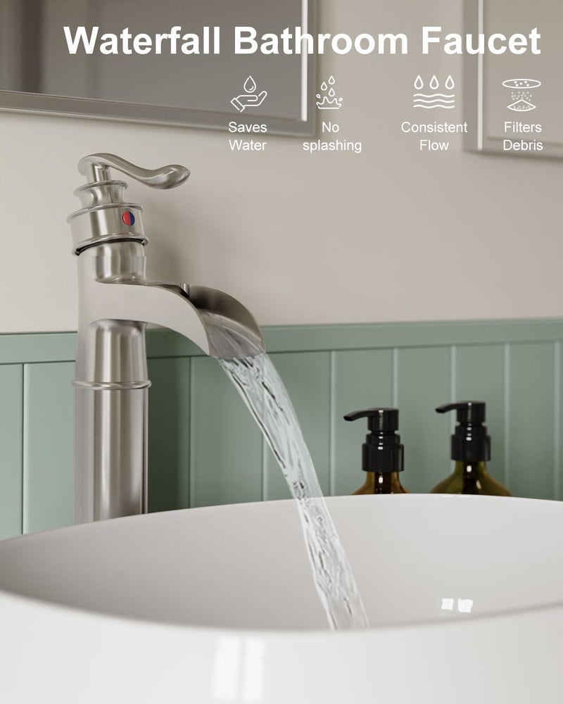 BWE Waterfall Vessel Sink Faucet Brushed Nickel Bathroom Faucet Single Handle Tall Single Hole Bathroom Sink Faucet Commercial Mixer Tap with Pop Up Drain Assembly and Supply Line - Image 4