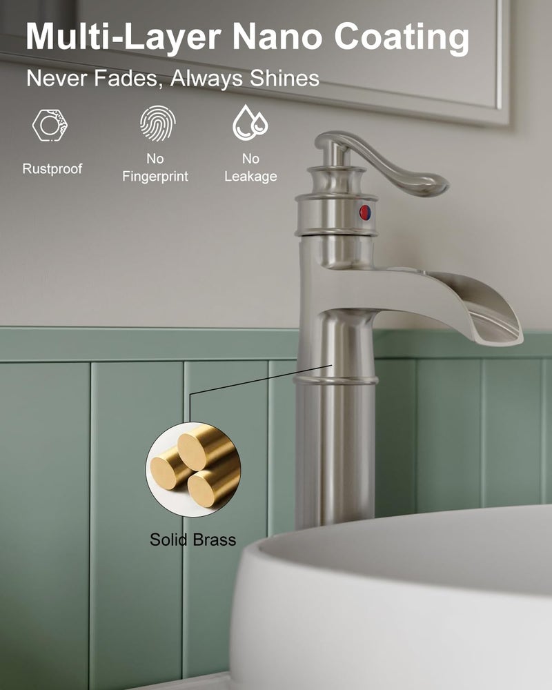 BWE Waterfall Vessel Sink Faucet Brushed Nickel Bathroom Faucet Single Handle Tall Single Hole Bathroom Sink Faucet Commercial Mixer Tap with Pop Up Drain Assembly and Supply Line - Image 5