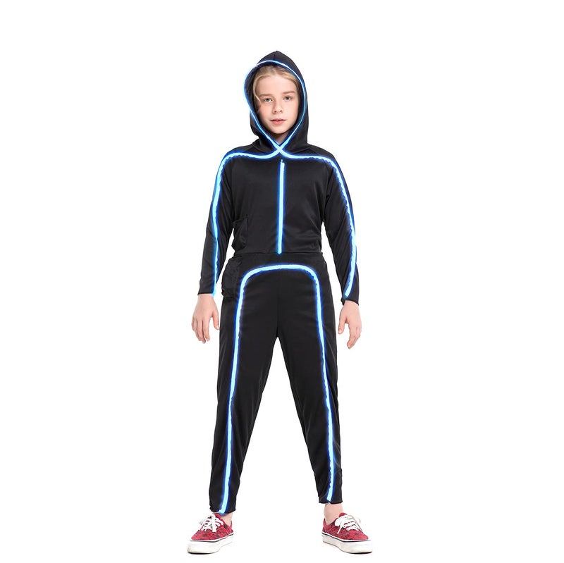 Light Up Stick Figure Costume Kids Led Stick Man Costumes Child Boys Girls Halloween Glow in Dark Stickman Cosplay ToddlerIce Blue 4