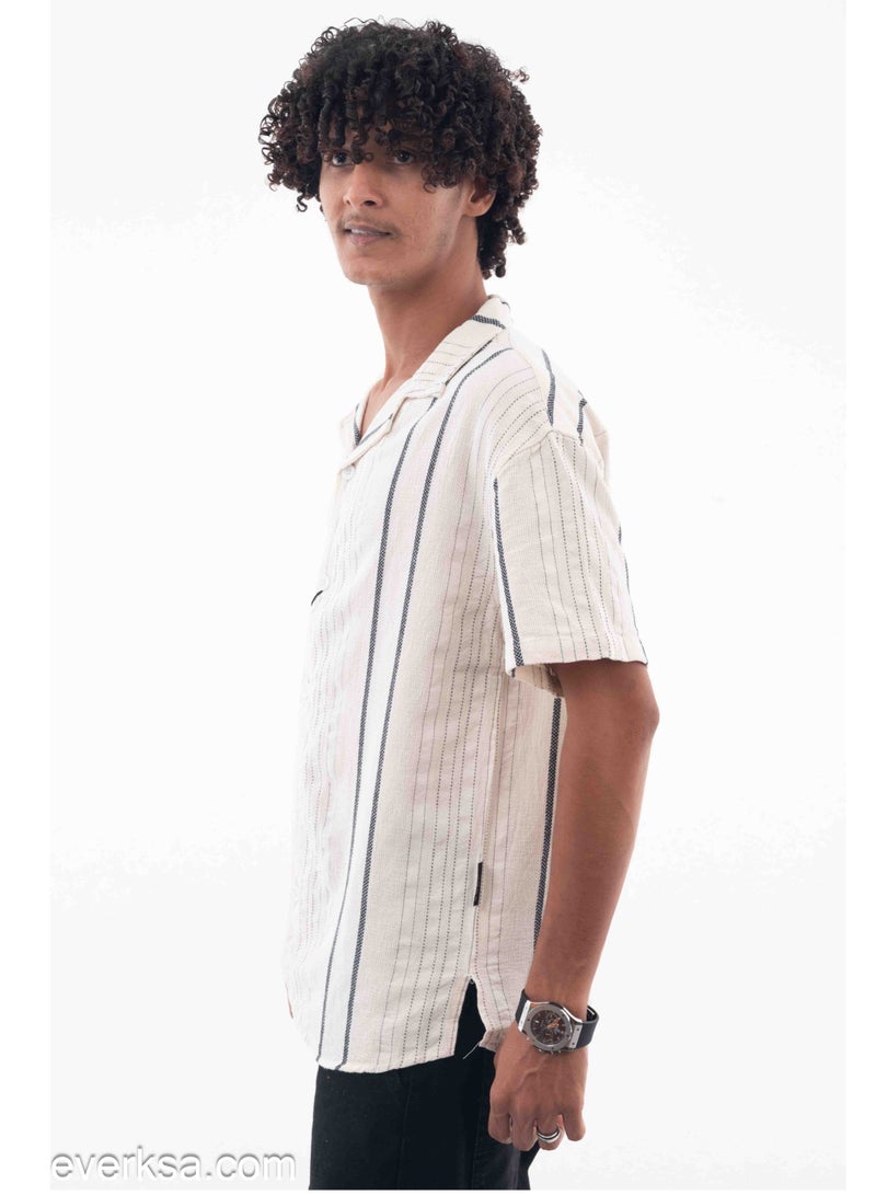 Everest Men's Beige Half-sleeve Shirt With Black Stripes - Image 2