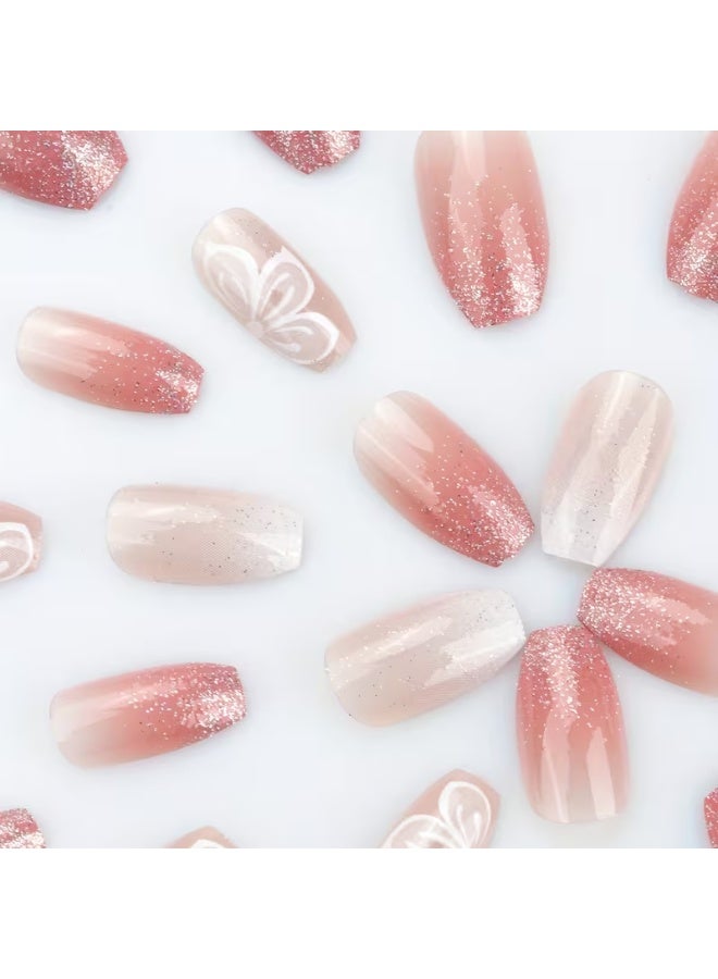 Goolsky 24pcs Pink White French Tip Press On Nails, Mid Squvoal Fake Nails Glossy Full Cover Butterfly And Glitter Powder Stick On Nails, Acrylic Nails For Women - Image 5