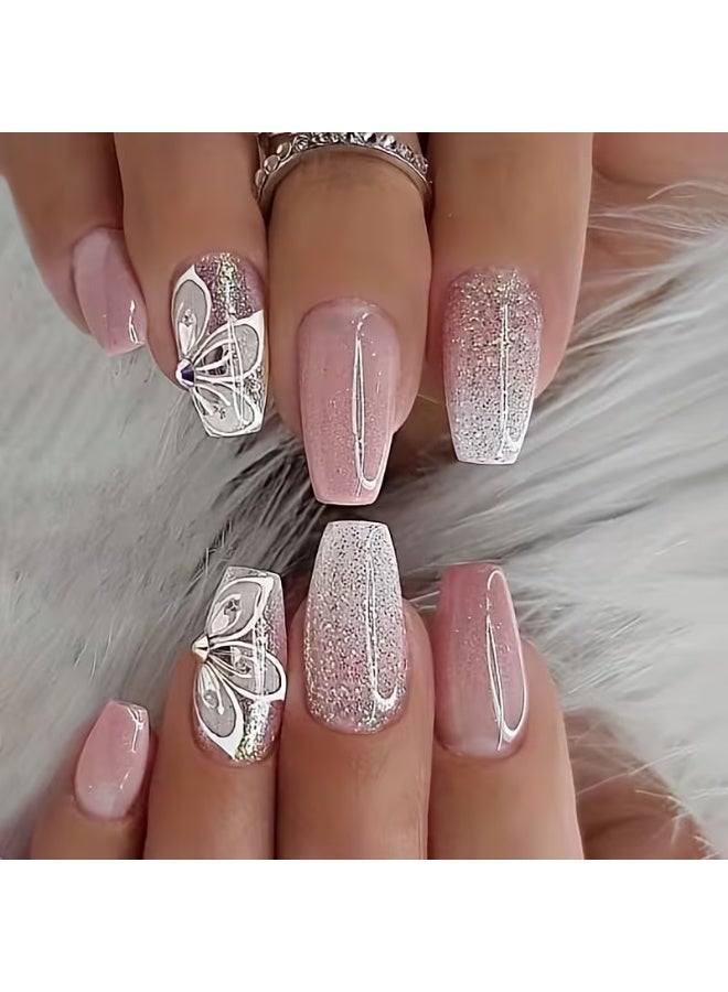 Goolsky 24pcs Pink White French Tip Press On Nails, Mid Squvoal Fake Nails Glossy Full Cover Butterfly And Glitter Powder Stick On Nails, Acrylic Nails For Women - Image 1