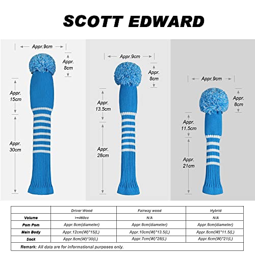 Scott Edward Blue White Stripes Golf Club Covers Set of 3 fit for Driver Wood(460cc), Fairway Wood, Hybrid(UT), for Men/Women Golfers, Individualized Looking (Blue White Stripes) - Image 2