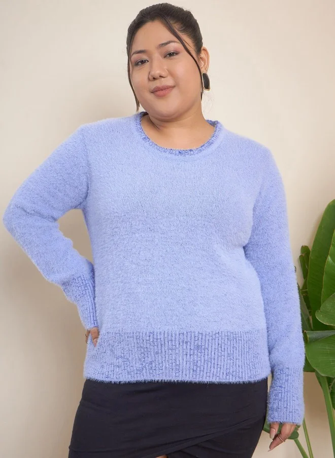 CURVY STREET Fuzzy Pullover Sweater for Women in Blue