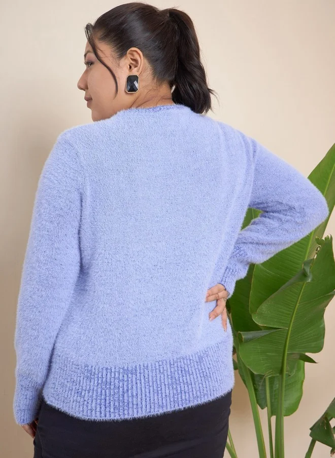 CURVY STREET Fuzzy Pullover Sweater for Women in Blue