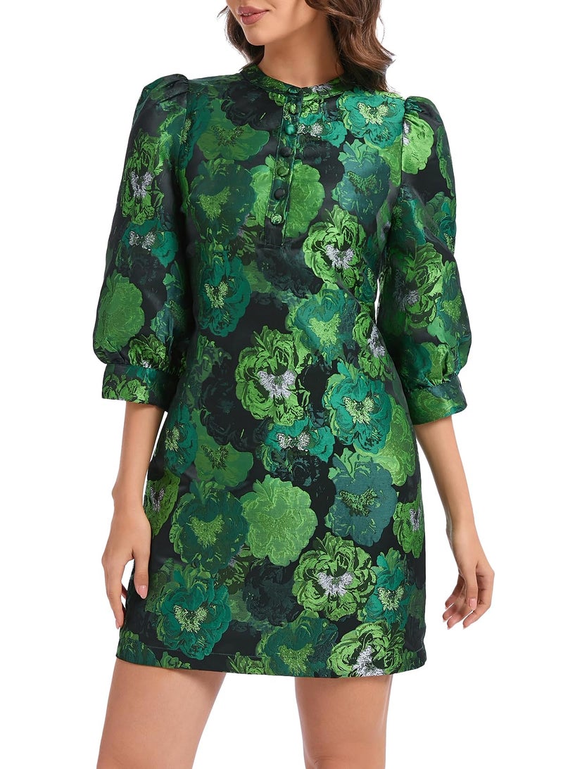 Ladyful Women's Floral Jacquard Shift Dress 2026 Long Puff Sleeve Button Up Elegant Cocktail Party Mini Dress Green - Image 1