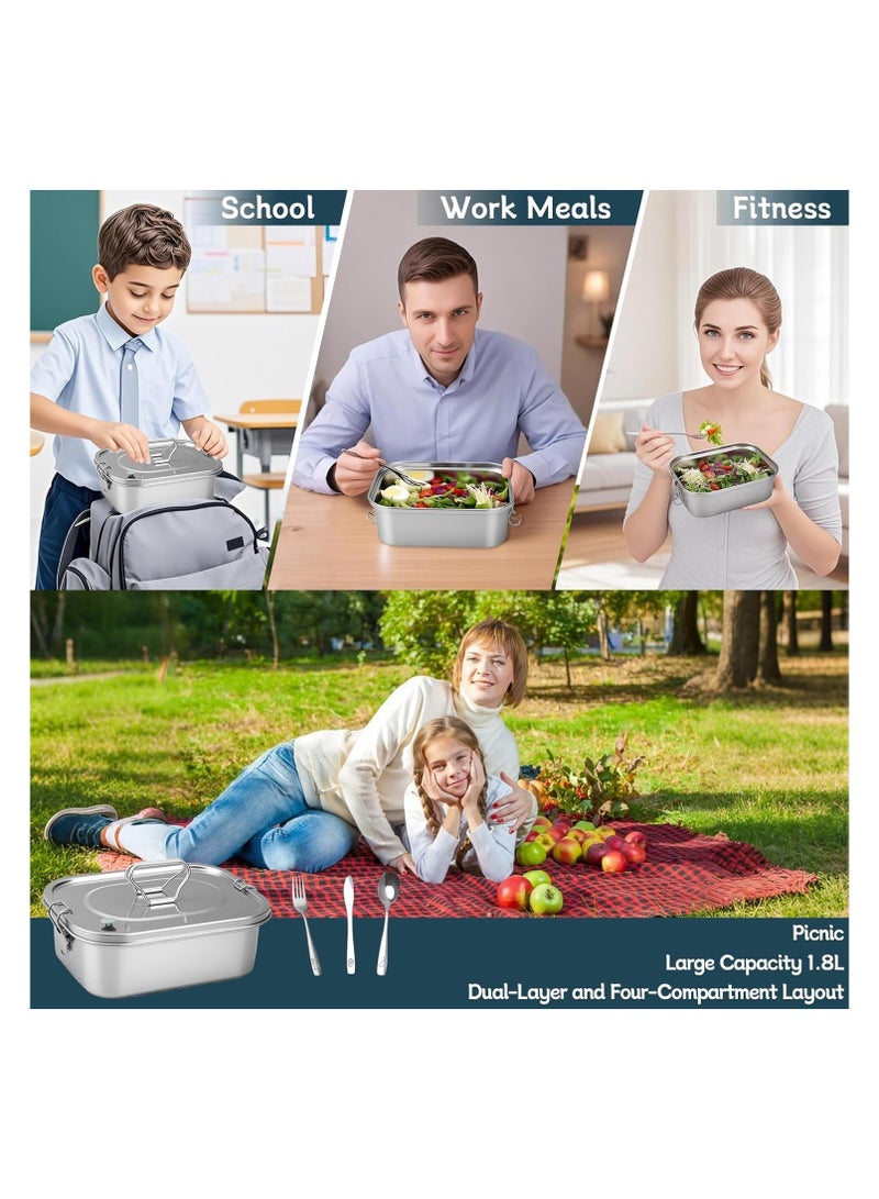 general Stainless steel bento box, with a leak-proof lid and three-compartment partition, 1800ml large bento box with tableware, double-layer metal food box, suitable for adults, children, offices, picnics, camping, and pre-meal preparation - Image 5