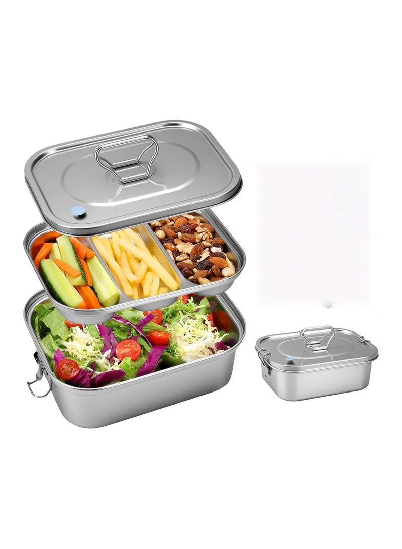 general Stainless steel bento box, with a leak-proof lid and three-compartment partition, 1800ml large bento box with tableware, double-layer metal food box, suitable for adults, children, offices, picnics, camping, and pre-meal preparation - Image 1