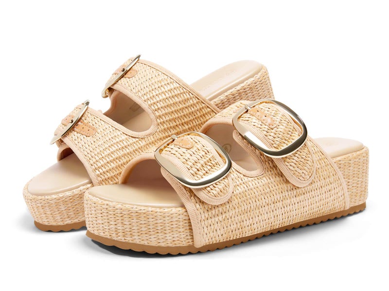 Coutgo Womens Platform Sandals Raffia Espadrilles Two Band Open Toe Slip On Slides Beach Vacation Shoes, Apricot, Size 10 - Image 1