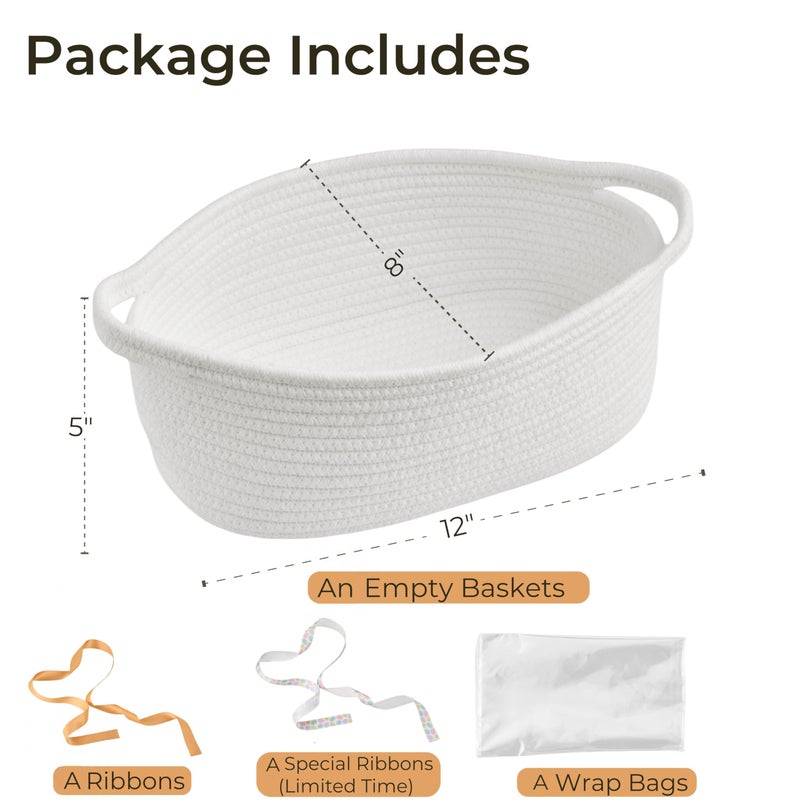 Kodomoore Small Woven Easter Basket with Gift Bag and Ribbon â€“ Empty Burr Basket for Gifts, Baby Shower, & Birthdays â€“ Decorative Rope Storage Organizer for Shelves, 12"x8"x5", White - Image 2