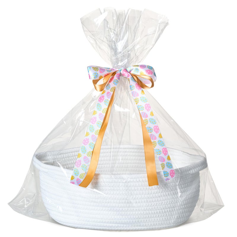Kodomoore Small Woven Easter Basket with Gift Bag and Ribbon â€“ Empty Burr Basket for Gifts, Baby Shower, & Birthdays â€“ Decorative Rope Storage Organizer for Shelves, 12"x8"x5", White - Image 1