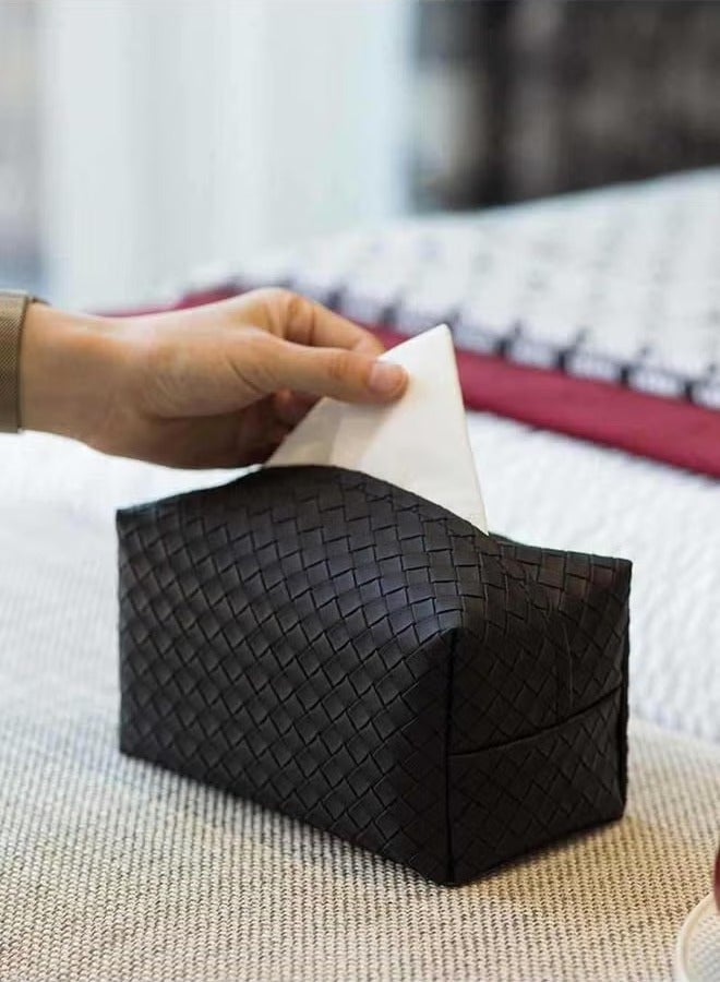 Tissue Box, Cover Rectangle Cube, Faux Pu Leather Woven Facial Box ,Covers Holder Tray Organizer for House Tabletop Office Car Bathroom Decorative(BLACK)  - Image 1
