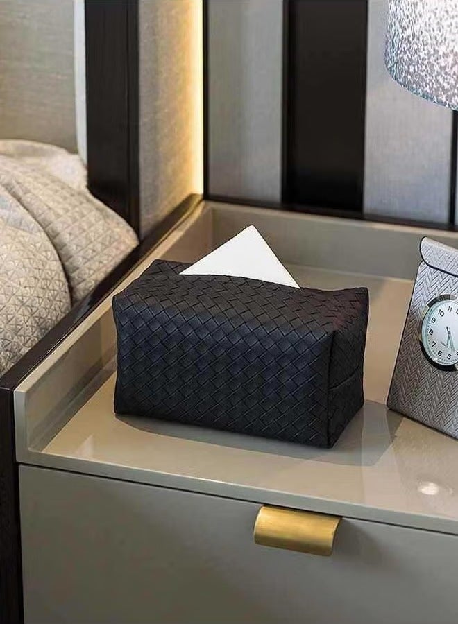 Tissue Box, Cover Rectangle Cube, Faux Pu Leather Woven Facial Box ,Covers Holder Tray Organizer for House Tabletop Office Car Bathroom Decorative(BLACK) - Image 3