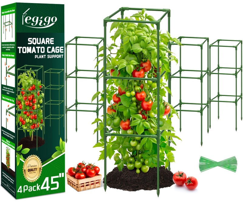 Legigo 4 Pack Square Tomato Cages for Garden- Up to 45 Inch Tomato Trellis Plant Cages Support, Tomato Stakes and Supports Cage for Climbing Vegetables Raised Garden Bed Cucumbers Peppers Flowers - Image 1