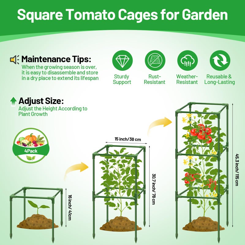 Legigo 4 Pack Square Tomato Cages for Garden- Up to 45 Inch Tomato Trellis Plant Cages Support, Tomato Stakes and Supports Cage for Climbing Vegetables Raised Garden Bed Cucumbers Peppers Flowers - Image 2