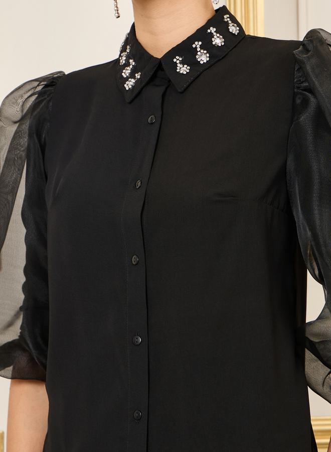 Styli Organza Sleeves Embellished Collar Shirt and Pencil Midi Skirt Set - Image 4