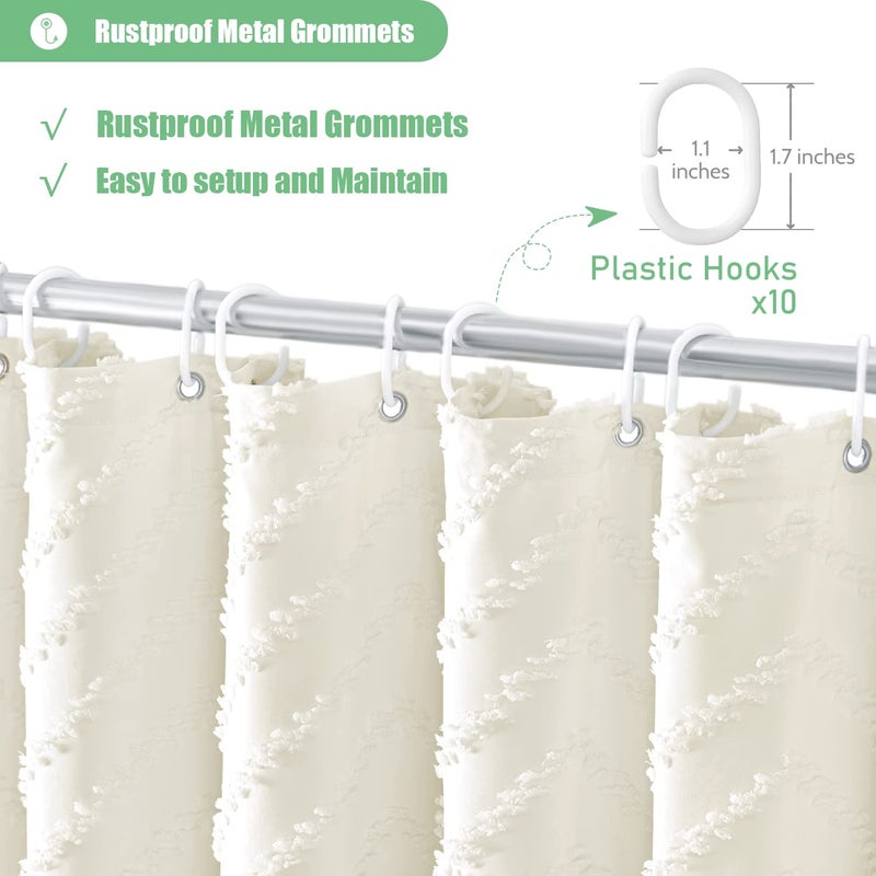 Dynamene Stall Fabric Shower Curtain  54 Inch Wide Boho Farmhouse Tufted Chevron Striped Tassel Shower Curtain for Bathroom  Minimalist Ruffled Textured Cloth Shower Curtain Set  10 Hook  54x72  Cream - Image 4
