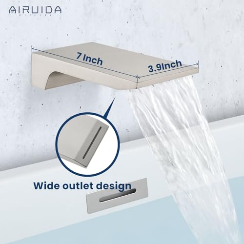 Airuida Wall Mount Tub Faucet with Waterfall Tub Spout Wall Mounted Bathtub Faucet with Handheld Shower Single Handle Tub Filler Shower Faucet Set with Rough-in valve Straight Spout Brushed Nickel - Image 3