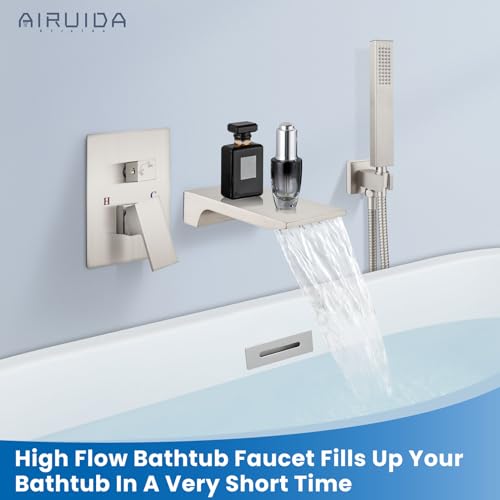 Airuida Wall Mount Tub Faucet with Waterfall Tub Spout Wall Mounted Bathtub Faucet with Handheld Shower Single Handle Tub Filler Shower Faucet Set with Rough-in valve Straight Spout Brushed Nickel - Image 2