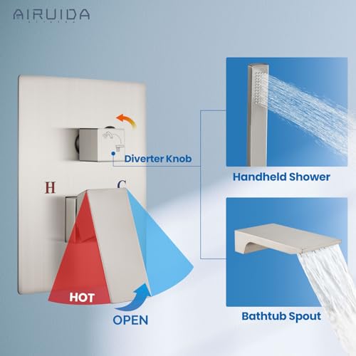 Airuida Wall Mount Tub Faucet with Waterfall Tub Spout Wall Mounted Bathtub Faucet with Handheld Shower Single Handle Tub Filler Shower Faucet Set with Rough-in valve Straight Spout Brushed Nickel - Image 4