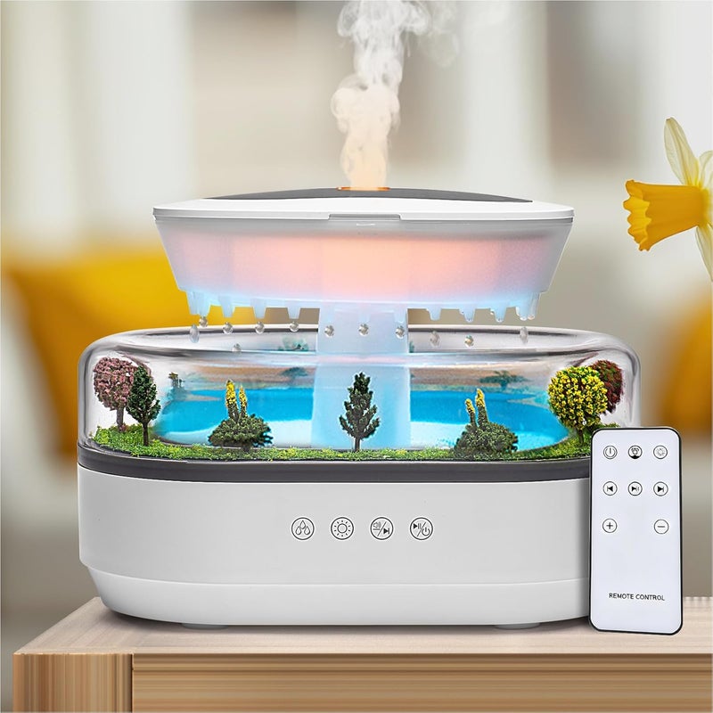 BLOIMP Essential Oil Diffuser 250ML Cloud Humidifier Rain Water Drip Diffuser Humidifier with Drip Music Micro Landscape Ultrasonic Diffuser for Bedroom Office Hotel (White Grey) - Image 1
