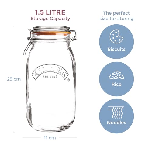 Kilner Premium 1.5L Round Airtight Glass Jar with Clip Top Lid for Coffee, Tea, Flour, Pulses, Grains, Lentils, Biscuits | Transparent, Reusable Multipurpose Kitchen Storage Container - Image 3