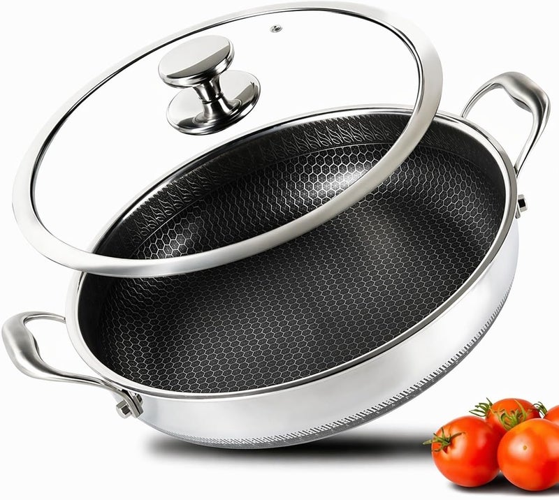 Stainless Steel Nonstick Saute Pan, Cookware with Lid, 28CM Deep Frying Pan, Nonstick Cooking Pot with Handles, Large Skillet, Wok Pan Compatible with All Cooktops, Dishwasher Safe - Image 1