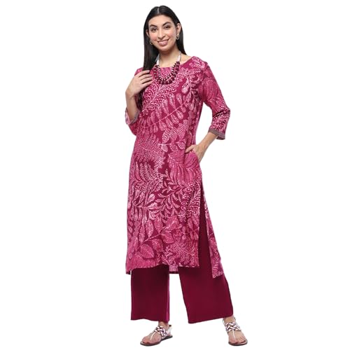 Biba Women Rayon Printed Kurta With Palazzo,Neckpeice (Assorted2003Eaw24Purple, Large - Image 1