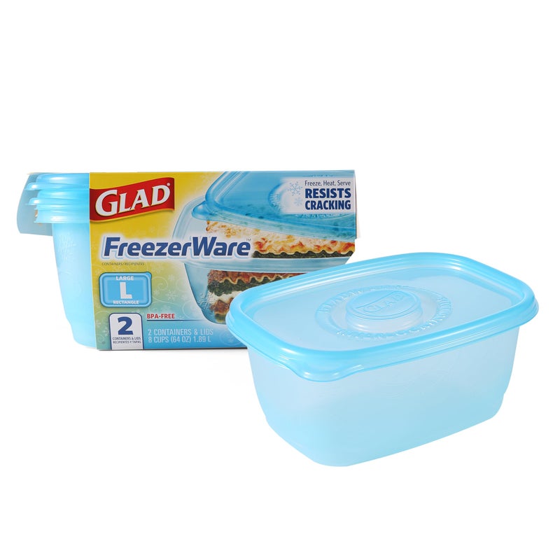 Glad Gladware Freezerware Food Storage Containers, Large Rectangle Holds 64 Ounces of Food, 2 Count Set | Tupperware, Plastic Food Container, Meal Prep Container, Plastic Containers with Lids - Image 1
