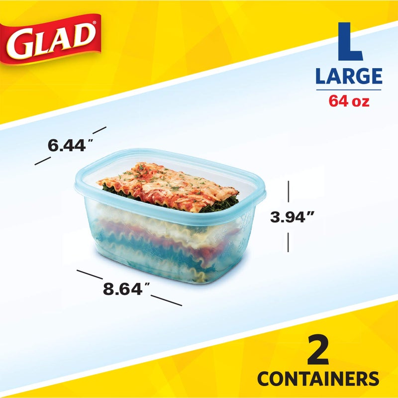 Glad Gladware Freezerware Food Storage Containers, Large Rectangle Holds 64 Ounces of Food, 2 Count Set | Tupperware, Plastic Food Container, Meal Prep Container, Plastic Containers with Lids - Image 5