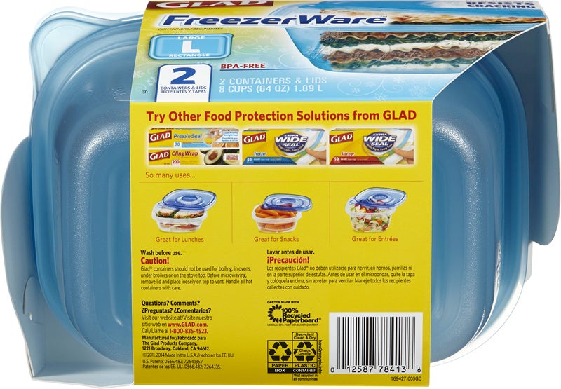 Glad Gladware Freezerware Food Storage Containers, Large Rectangle Holds 64 Ounces of Food, 2 Count Set | Tupperware, Plastic Food Container, Meal Prep Container, Plastic Containers with Lids - Image 3