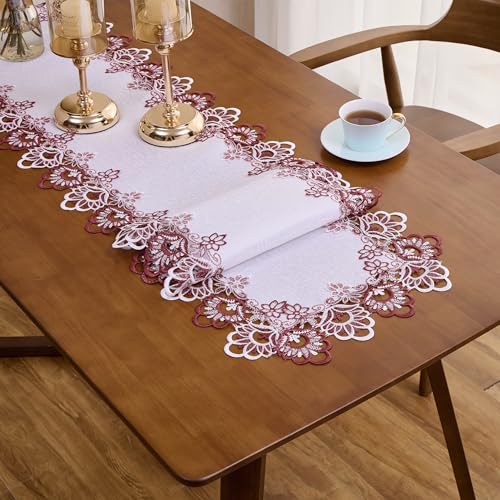 Raedan White Dark Red Jacquard Lace Table Runner 36 inches Long, Claret Dresser Scarf Table Topper for Kitchen Coffee Table Wedding Party Home Decor (Floral Dark Red, 16”x36”) - Image 4