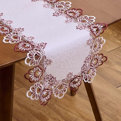 Raedan White Dark Red Jacquard Lace Table Runner 36 inches Long, Claret Dresser Scarf Table Topper for Kitchen Coffee Table Wedding Party Home Decor (Floral Dark Red, 16”x36”) - Image 1