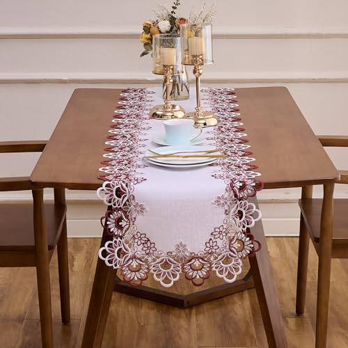 Raedan White Dark Red Jacquard Lace Table Runner 36 inches Long, Claret Dresser Scarf Table Topper for Kitchen Coffee Table Wedding Party Home Decor (Floral Dark Red, 16”x36”) - Image 3