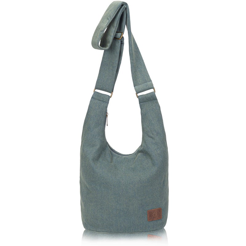 Coton Pose Women's large capacity Hippie Crossbody Bag Top Zip Large Size Canvas Sling Bag Jacquard cloth Handmade Bags (Denim Green) - Image 1