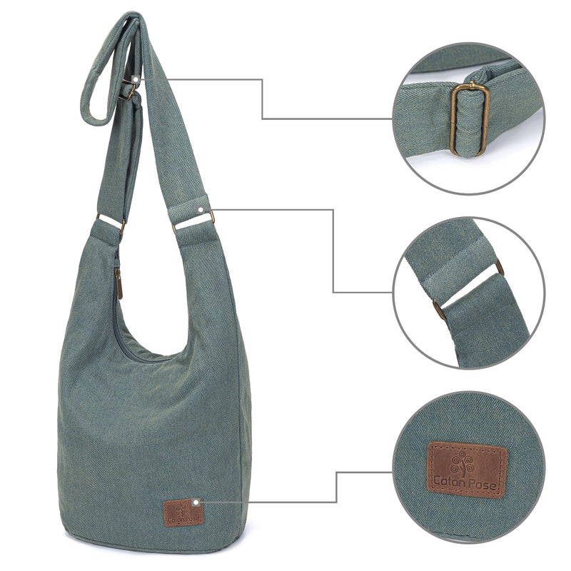 Coton Pose Women's large capacity Hippie Crossbody Bag Top Zip Large Size Canvas Sling Bag Jacquard cloth Handmade Bags (Denim Green) - Image 3