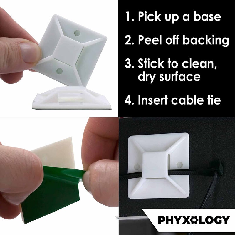 PHYXOLOGY SUPPLY يتم تثبيت ربطات الكابلات فائقة اللصق مقاس X-Large على 100 حزمة لإدارة الأسلاك بسرعة خالية من الإحباط. قم بتثبيت قواعد ربط السحاب هذه بدون أدوات مع ظهر لاصق أو استخدم فتحات لولبية لتثبيت دائم - Image 2