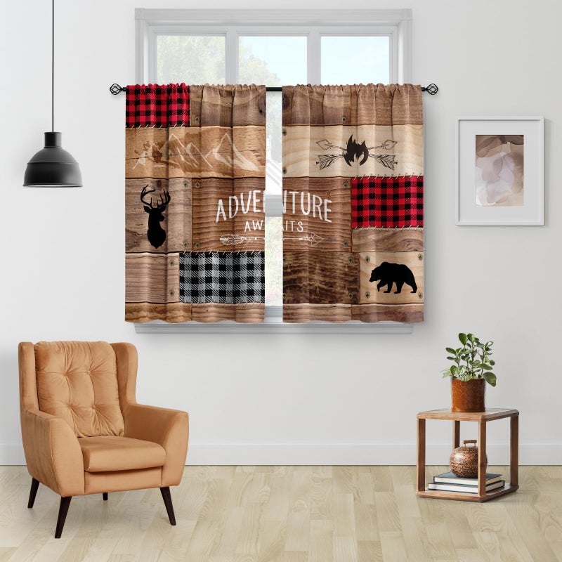 Aimego Rustic Wooden Kitchen Curtains - Farmhouse Cabin Bear Deer Country Retro Small Short Cafe Curtains Buffalo Plaid Tier Curtains Decor for Living Room Rod Pocket Window Drapes 2 Panels 28""x36"" - Image 2