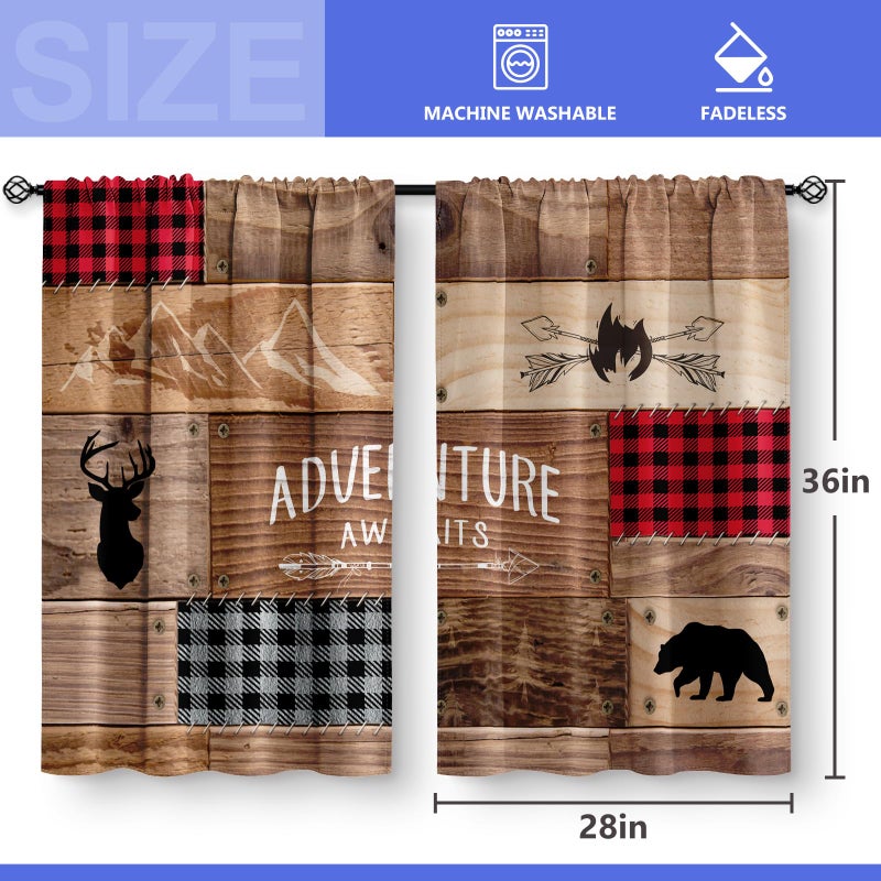 Aimego Rustic Wooden Kitchen Curtains - Farmhouse Cabin Bear Deer Country Retro Small Short Cafe Curtains Buffalo Plaid Tier Curtains Decor for Living Room Rod Pocket Window Drapes 2 Panels 28""x36"" - Image 3