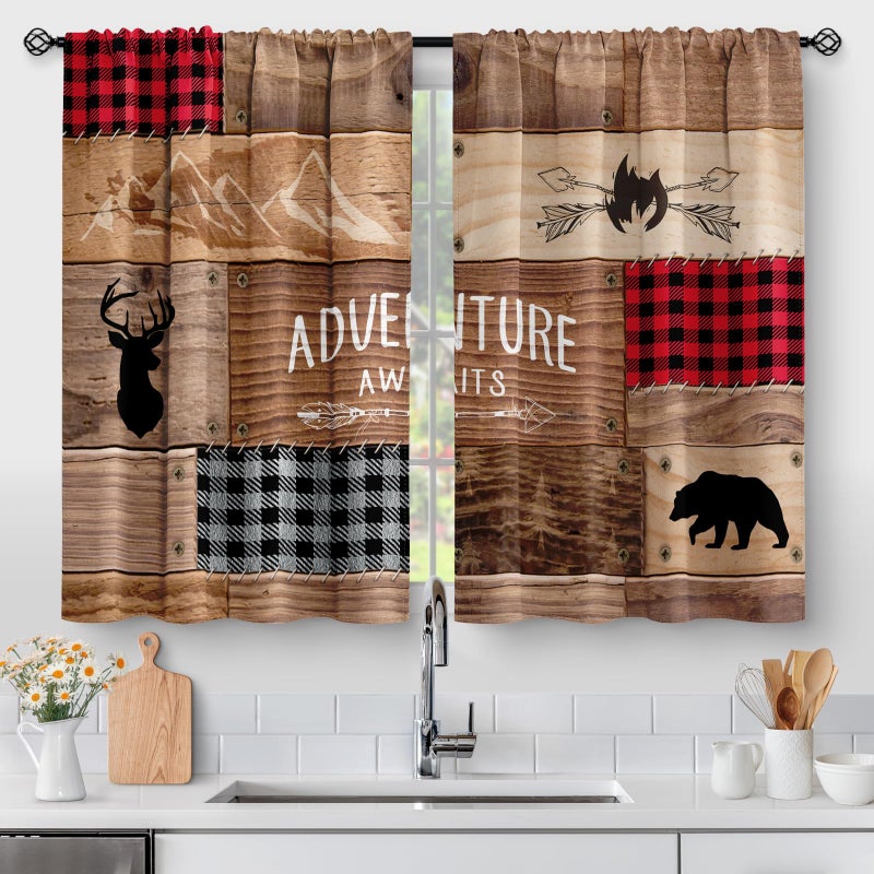 Aimego Rustic Wooden Kitchen Curtains - Farmhouse Cabin Bear Deer Country Retro Small Short Cafe Curtains Buffalo Plaid Tier Curtains Decor for Living Room Rod Pocket Window Drapes 2 Panels 28""x36"" - Image 1