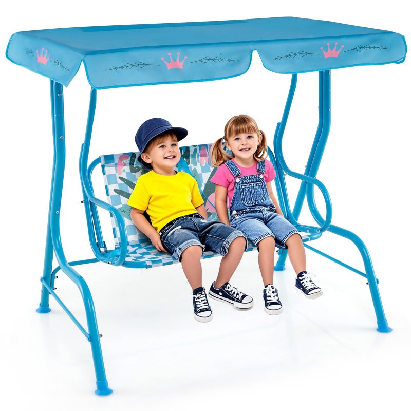 HONEY JOY Kids Patio Swing, 2-Seater Outdoor Porch Swing Lounge Chair, Adjustable Canopy & Safety Belt, All Weather Resistant Waterproof Hanging Swing Bench for Garden Poolside Balcony(Blue Flamingo) - Image 1