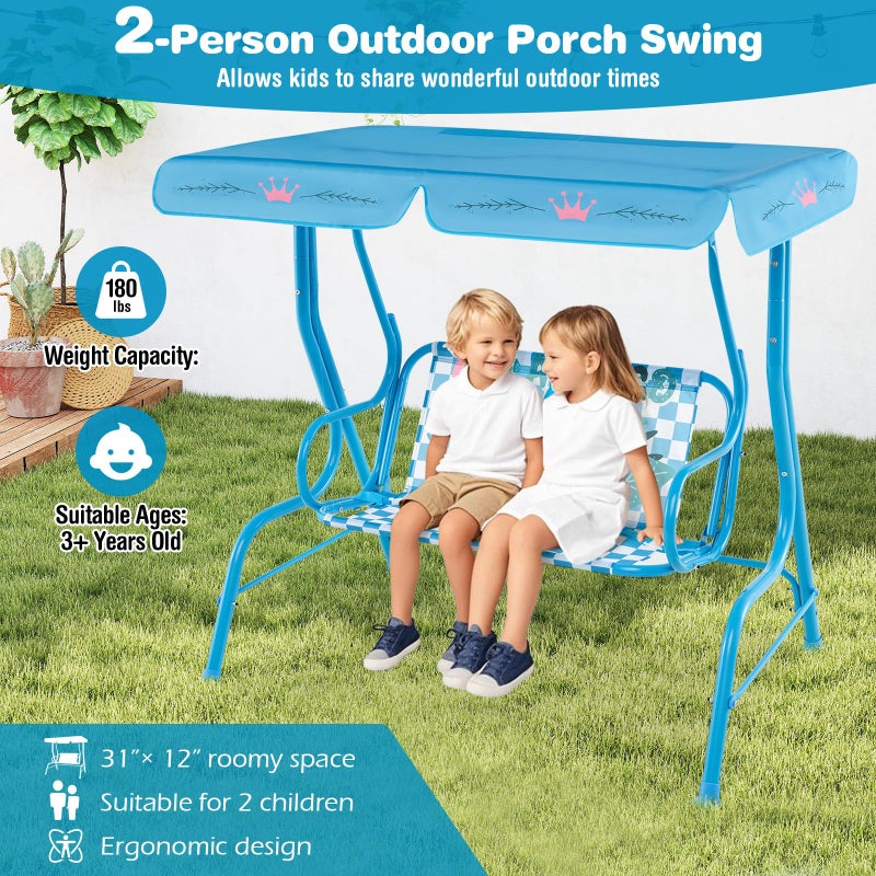 HONEY JOY Kids Patio Swing, 2-Seater Outdoor Porch Swing Lounge Chair, Adjustable Canopy & Safety Belt, All Weather Resistant Waterproof Hanging Swing Bench for Garden Poolside Balcony(Blue Flamingo) - Image 3