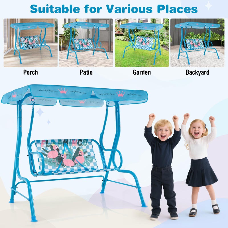 HONEY JOY Kids Patio Swing, 2-Seater Outdoor Porch Swing Lounge Chair, Adjustable Canopy & Safety Belt, All Weather Resistant Waterproof Hanging Swing Bench for Garden Poolside Balcony(Blue Flamingo) - Image 5